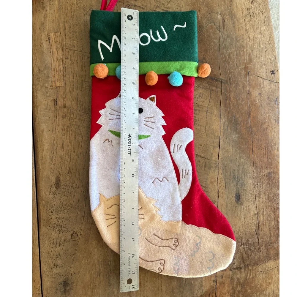 Jo-Ann Stores Cat Pet Christmas Stocking Meow Felt Applique Pom Poms Red Green